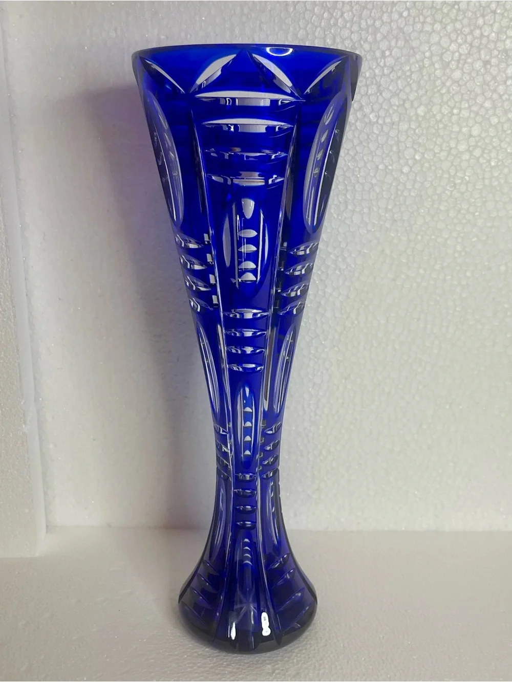 Vintage Cobalt Blue Cut Crystal Vase 12” Pedestal Geometric Art Glass Heavy Read